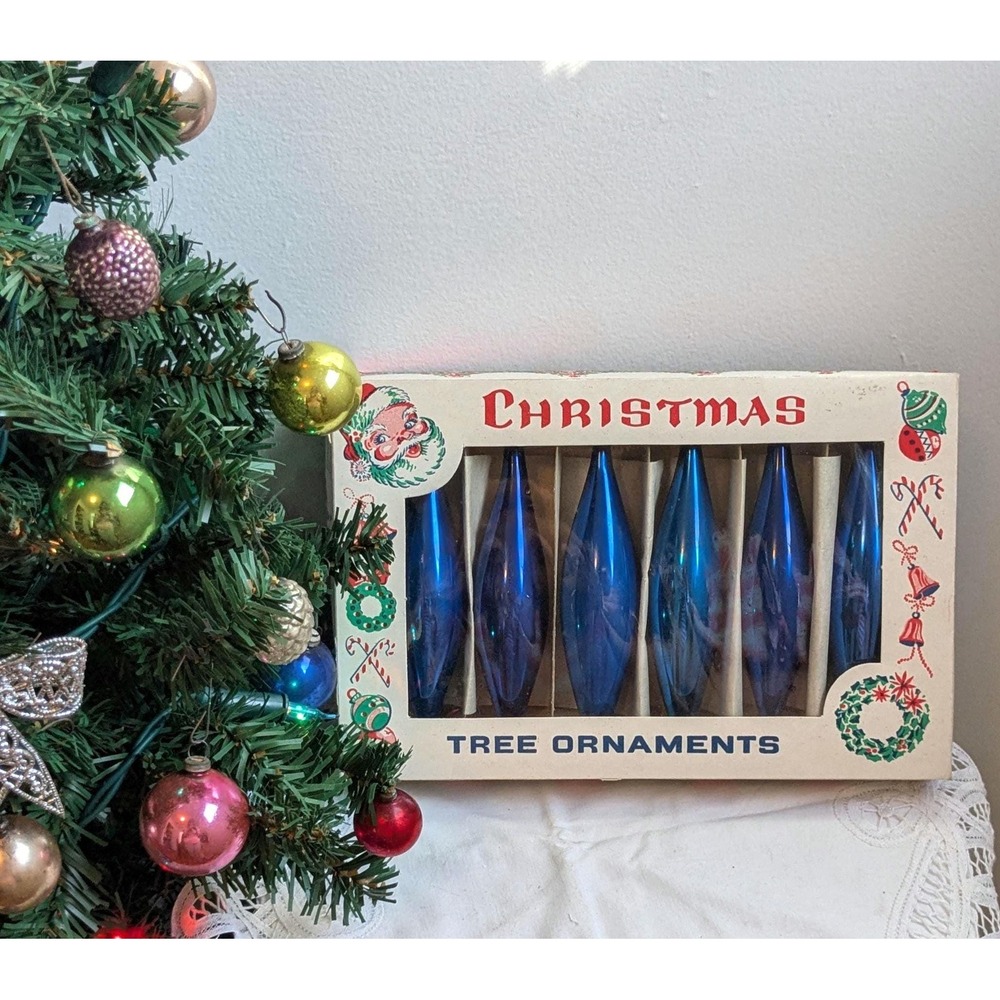 Vintage Blue Glass Christmas Ornaments Set of 6 in Original Box